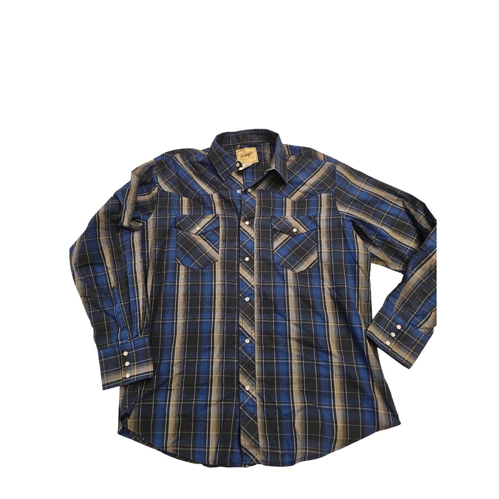 Wrangler Western Shirt Mens XL‎ Blue Plaid Pearl Snap Long Sleeve WM242BK